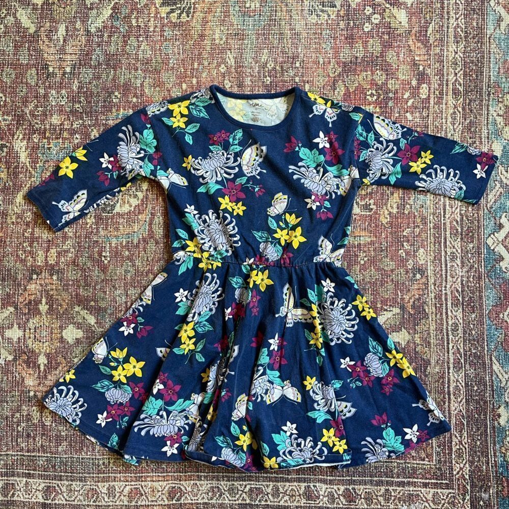 Tea Collection size 10 Floral Kids Dress in Navy Blue w/ butterfly’s 100% cotton